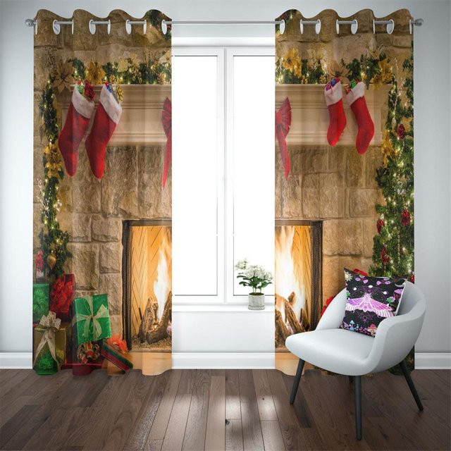 Weihnachten 3D Dekovorhang mit Socken, Glocken und Geschenkboxen, 2 Paneele aus Polyester, Mehrfarbig, Breite: 50 cm, Höhe: 130 cm - Bild 1