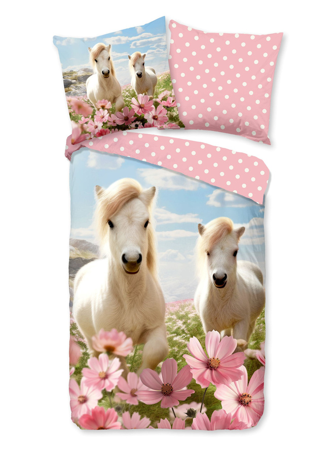 Good Morning Kinder Bettwäsche Philou mit Pferde und Blumen, Rosa und Blau, B/H: 135 x 200 cm mit Kissen 80 x 80 cm - Bild 1