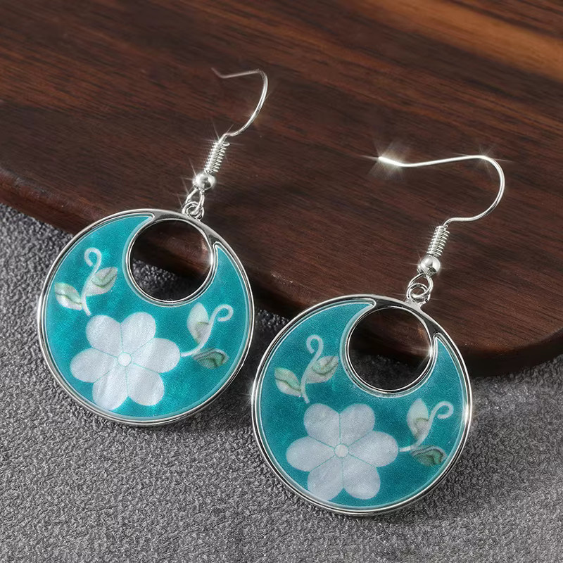 YoYo Hängeohrringe, Blau, Blumen-Blätter-Muster, Damen - Bild 4