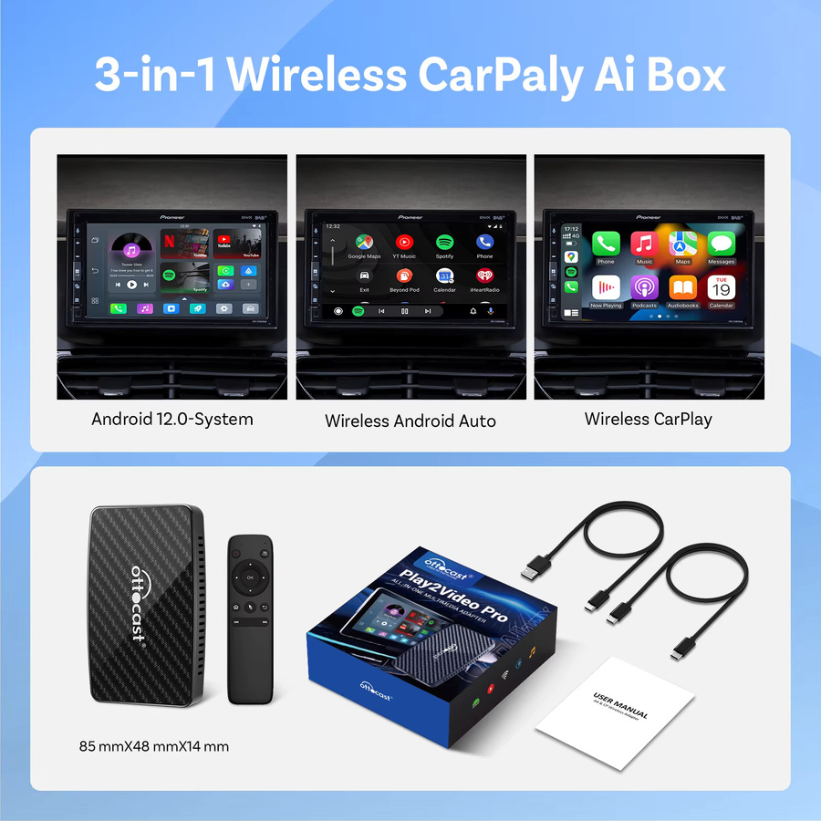Ottocast Play2Video PRO AI Box Wireless CarPlay und Android Auto Adapter mit YouTube Netflix Spotify Prime Video und 1080P Streaming in Schwarz - Bild 6