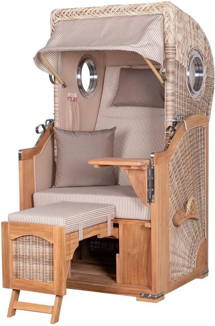 Bene Living Strandkorb Komplettset Ammersee Single Teak Bullauge PE Shell Modell 510 in Braun und Beige mit Liftersystem, Schutzhülle, Doppelrollen und Glasbecherhalter - Bild 1