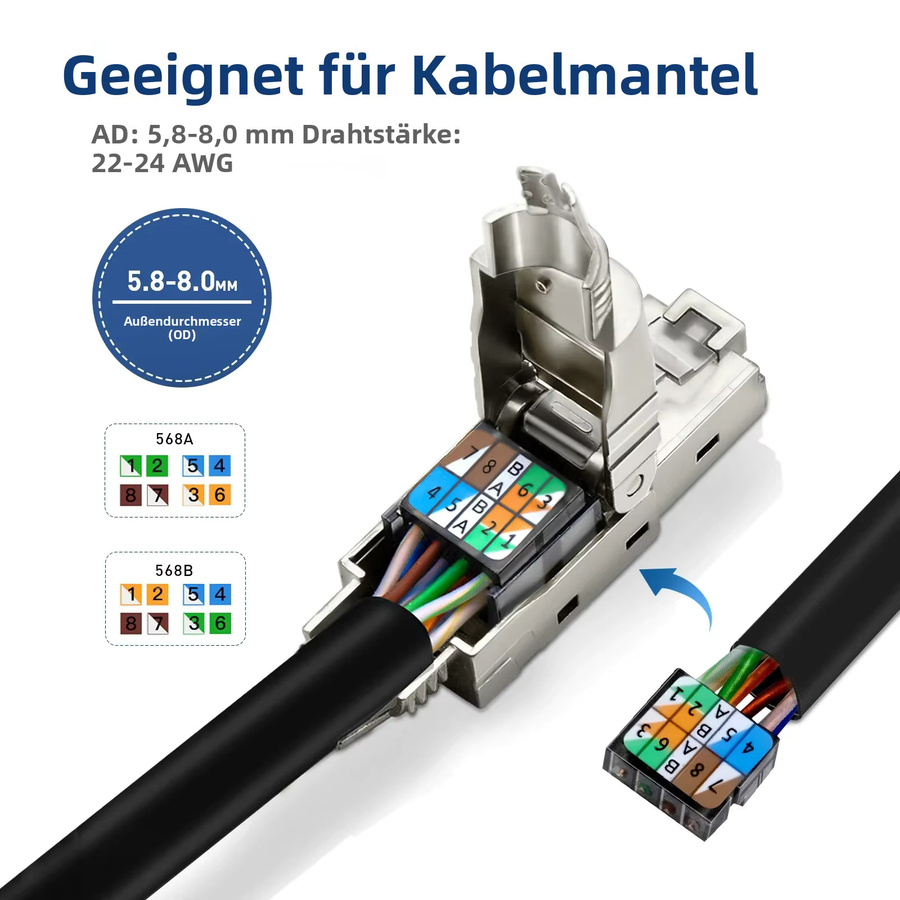 ZoeRax RJ45 Steckverbinder Silber, werkzeugloser modularer Ethernet LAN Stecker für Cat8 Cat7 Cat6A, 2000MHz 40G, passend für 22AWG-24AWG - Bild 3
