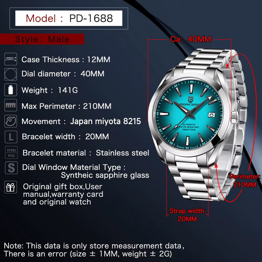 PAGANI DESIGN Armbanduhr, Automatik, Edelstahl, 40 mm, Herren, Blau - Bild 5