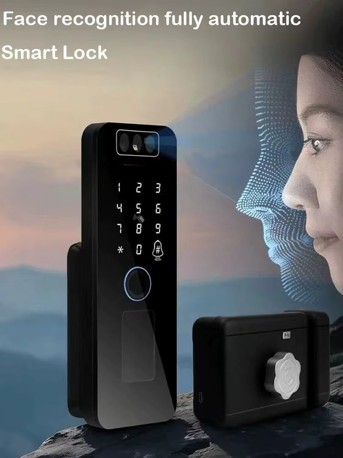 Juheenda Smart Lock mit 3D-Gesichtserkennung, Tuya Wifi, Fingerabdruck und Passcode, wasserdichtes digitales elektrisches Felgenschloss für Außentore, Schwarz - Bild 6