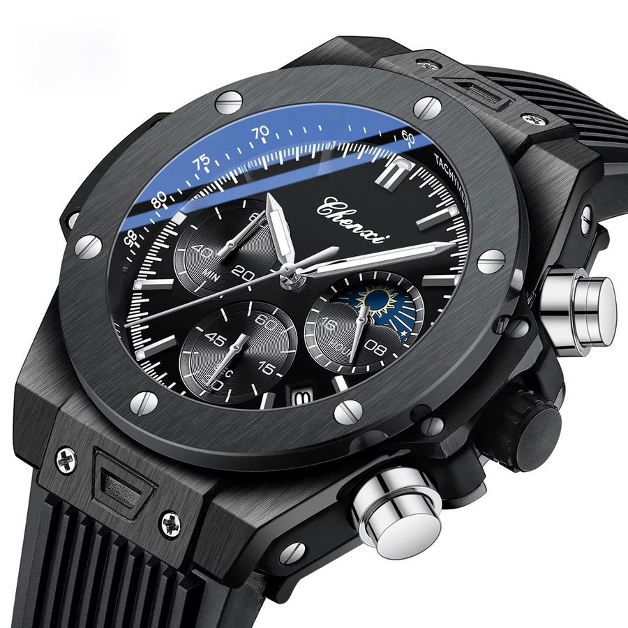 CHENXI Armbanduhr Herren, Quarz, Mondphase, Kalender, Silikonarmband, Schwarz - Bild 1