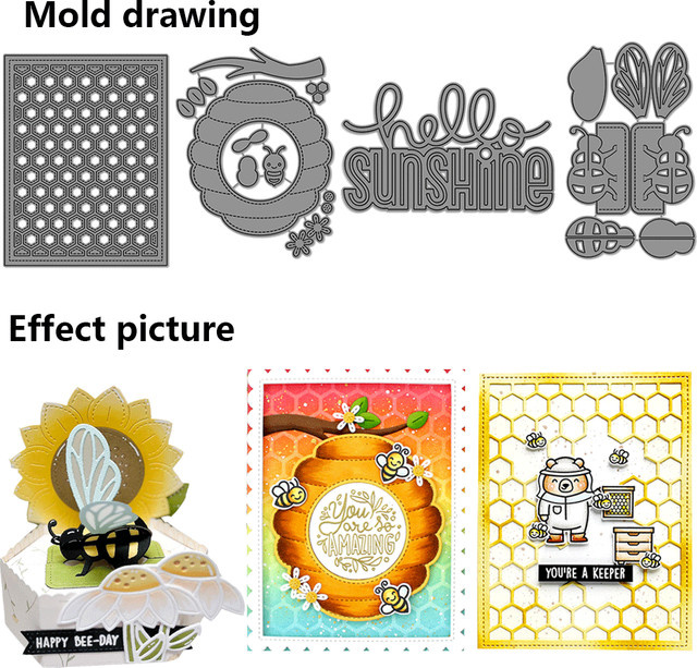 Metall-Stanzformen mit Wabenstruktur, Bienenstock und Bienenmotiv für DIY-Kartenherstellung, Scrapbooking und Bastelbedarf - Bild 1