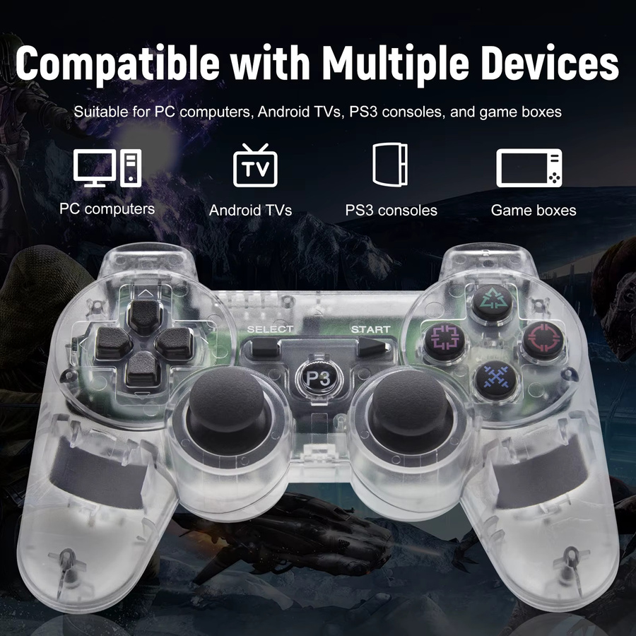 GAMROMBO Controller für Playstation 3, PC, Android und Smart TVs, 6-Achsen Dual-Vibration Gamepad mit 360 Grad Joystick in Blau Transparent - Bild 2