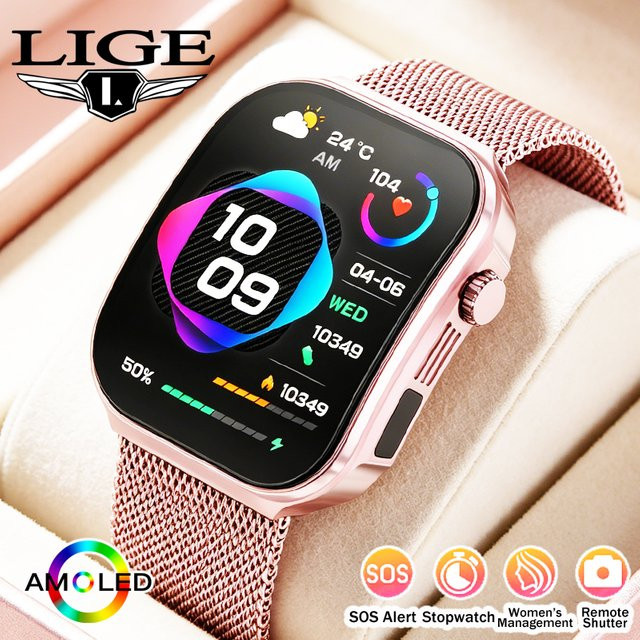 LIGE Smartwatch, 2,2 Zoll AMOLED, Edelstahl, Schwarz, Damen - Bild 1