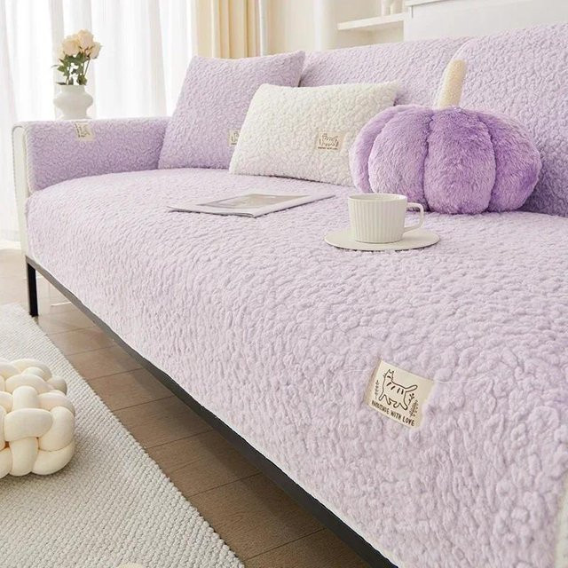 Weiches Sofakissen mit Lammfleece-Imitat in Lila, rutschfester Couch-Schonbezug für Wohnzimmer, B/H: 50 x 30 cm - Bild 1