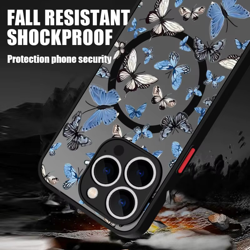 YISHANGOU Magnetische Schmetterlings-Blumen-Handyhülle für iPhone 12 bis 17 Pro Max, stoßfeste matte Acryl-Abdeckung, Multicolour - Bild 1