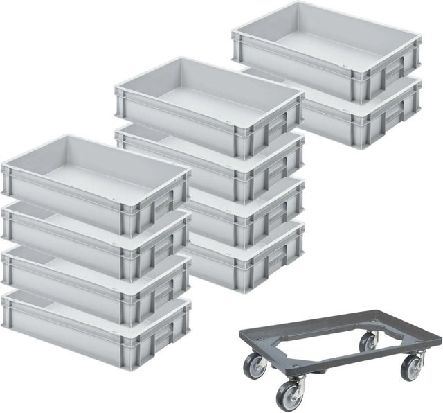 PROREGAL SparSet aus 10 Euroboxen mit geschlossenem Griff und 1 Transportroller, Grau, H x B x T: 12 x 40 x 60 cm, 21 Liter Volumen - Bild 1