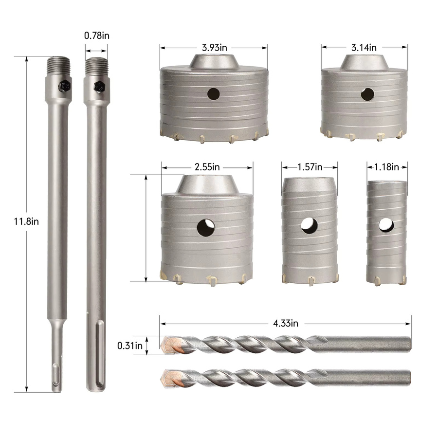 YOSIGHT 9-teiliges Mauerwerk-Beton-Lochsägen-Set mit Wolframkarbid und SDS Plus sowie SDS Max Bitschaft, Durchmesser: 30 mm, 40 mm, 65 mm, 80 mm, 100 mm, Länge: 300 mm - Bild 2
