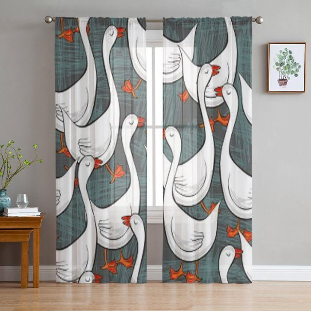 Transparenter Tüll-Fenstervorhang mit weißem Gänse-Motiv von Super Six, Farbe: Grau, Breite: 135 cm, Höhe: 114 cm - Bild 1