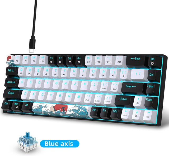 HXSJ Mechanische Gaming-Tastatur mit 68 Tasten und LED-Hintergrundbeleuchtung in Blau/Weiß mit Blue Switches - Bild 1