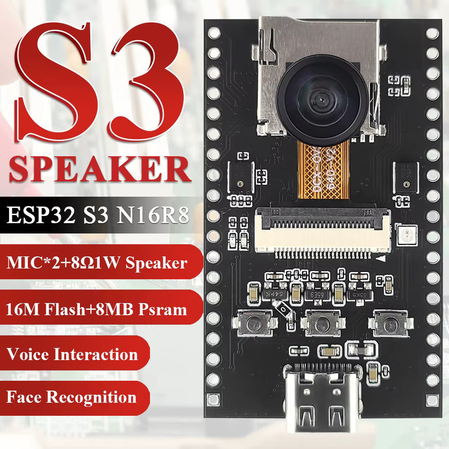 ESP32-S3 CAM Lautsprecher-Entwicklungsboard Kit mit OV2640 WLAN-Kamera, Dual-Mikrofon, TF-Steckplatz und USB Typ-C Anschluss, N16R8 in Schwarz - Bild 2