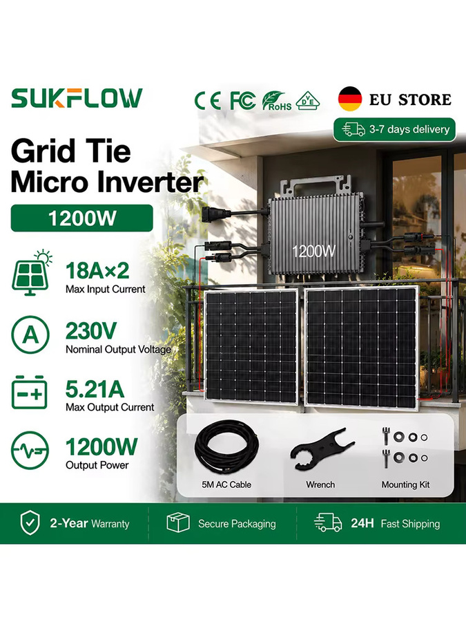Sukflow Mikrowechselrichter mit 1200W Leistung, MPPT und WiFi-Überwachung, Plug & Play Balkon-Solarsystem, netzgekoppelter Wechselrichter 230V - Bild 6