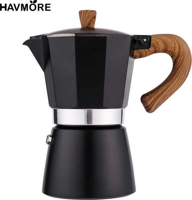 HAVMORE Moka Pot Espresso Maschine im Vintage-Stil mit Holzgriff, klassische italienische Espressokanne, Farben: Blau oder Schwarz, 150 ml oder 300 ml - Bild 1