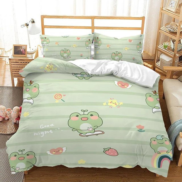 Binchi Kinder Bettwäscheset mit Frosch-Motiv in Grün, 2-teiliges Set aus Microfaser mit Bettbezug und Kissenbezug, B/H: 70 x 133 cm - Bild 1