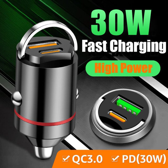 30W PD USB Auto Ladegerät mit USB-C und QC 3.0 für iPhone, Samsung, Xiaomi und Huawei in Schwarz - Bild 1