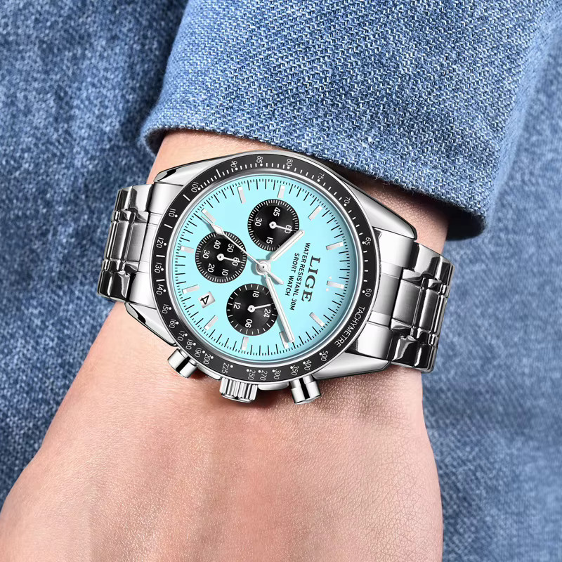 LIGE Armbanduhr, Quarz, Chronograph, Edelstahl, Blau, Gold, Herren - Bild 4
