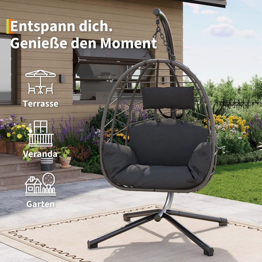 HiMISS Polyrattan Hängesessel Egg Design in Grau mit Kissen und Abdeckung für Garten und Terrasse - Bild 3