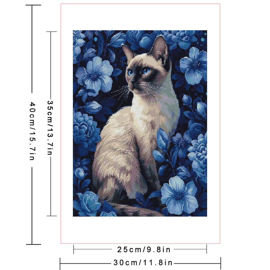 Huacan Diamant-Gemälde mit Katze und Blumen als Wanddeko im Mosaik-Stil mit Full Round Steinen, B/H: 40 x 30 x 2 cm - Bild 2