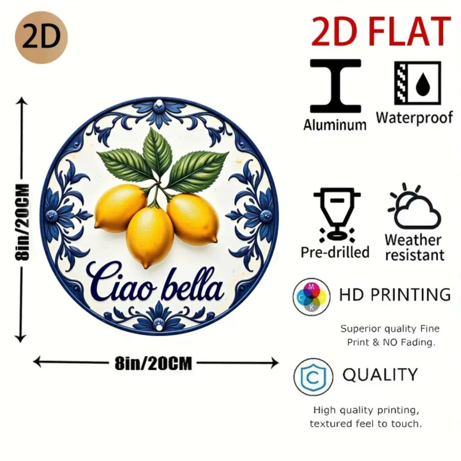 CIFBUY Italienische Keramik-Wandkunst Ciao Bella mit Zitronen- und Blumenmuster, runde Wanddekoration in Multicolour, Durchmesser: 20 cm - Bild 2