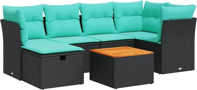 vidaXL 7-teilige Garten-Sofagarnitur aus Polyrattan in Schwarz mit Kissen und Couchtisch im L-Shape Design - Bild 1