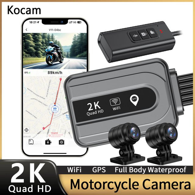 Kocam Dual 2K Motorrad Dash Cam mit WiFi und GPS, Wasserdichte Vorne- und Hinten-Kamera Recorder in Schwarz - Bild 1