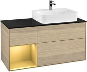 V&B Waschtischunterschrank und Wandbeleuchtung Finion in Platinblau matt mit Regal links in Gold matt und Ocker, Breite: 120 cm, Höhe: 50,1 cm, Tiefe: 50,1 cm - Bild 1