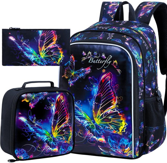 Fancy Style Studio Kinderrucksack Set für Mädchen mit Brotdose, 3-teiliges Schmetterlings-Schulranzen-Set in Schwarz und Mehrfarbig, ideal für Grundschule, Vorschule und Kindergarten - Bild 1
