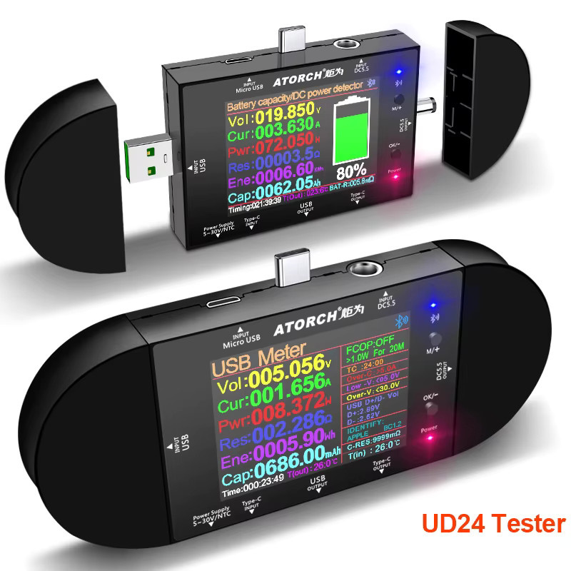ATORCH UD24 Digitaler USB-Tester 2,4-Zoll Voltmeter und Amperemeter für DC5,5 und Typ-C in Schwarz - Bild 7