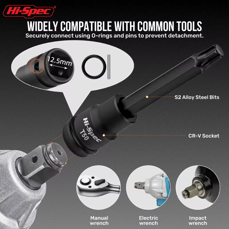 Hi-Spec Professioneller 1/2-Zoll Torx Steckschlüsselsatz mit Schlagschrauber-Adapter und Schraubendreher-Bits aus Chrome Vanadium Stahl in Schwarz - Bild 3