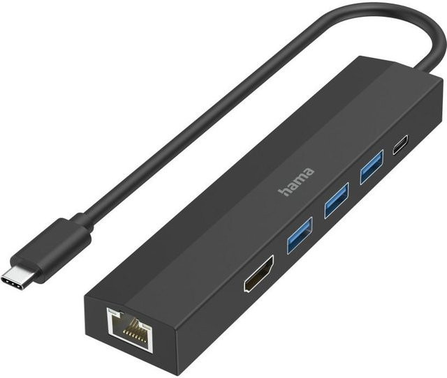 Hama USB-C-Hub Multiport mit 6 Ports, 3x USB-A, 1x USB-C, HDMI 4K UHD und LAN/Ethernet, Schwarz - Bild 1