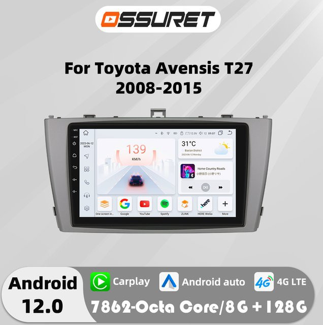 OSSURET Android 12 Autoradio mit 4G Carplay und GPS für Toyota Avensis T27 2008-2015, Schwarz - Bild 1