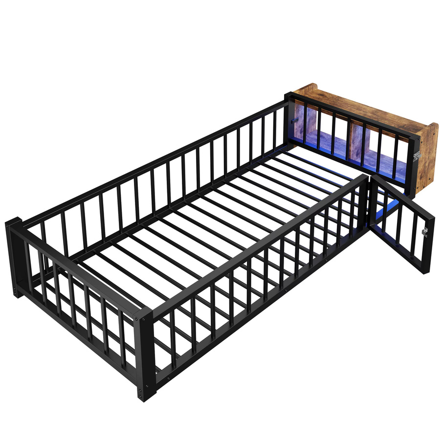 Einzelbett HAUSS SPOLE mit Barriere, offenem Stauraum und LED aus Metall und MDF, Schwarz, B: 90 cm, L: 200 cm - Bild 2