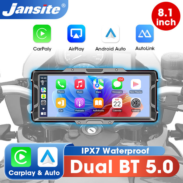 Jansite Wireless CarPlay Motorrad DVR mit 8,1 Zoll Display, 4K Digital Kamera, GPS Navigation und Android Auto in Schwarz - Bild 1