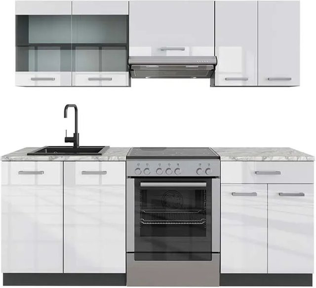 Vicco R-Line Küchenzeile Weiß Hochglanz Anthrazit mit Marmor Optik Breite: 200 cm - Bild 1