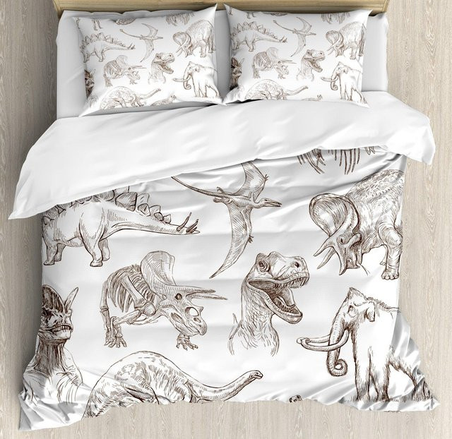 Binchi Outdoor Product Dinosaurier Bettwäsche Set für Kinder mit Cartoon Dino Muster, Polyester, Weiß, B/H: 240 x 220 cm - Bild 1