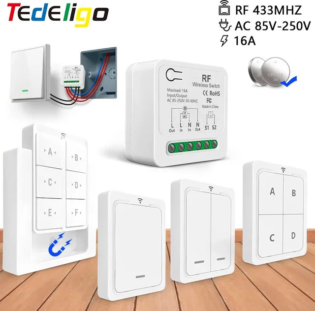 Tedeligo Drahtloser Fernbedienungs-Lichtschalter RF 433MHz Mini-Modul mit Verzögerungsfunktion für Heimbeleuchtung und Lüfter, 2-Wege-Steuerung, Farbe: Weiß - Bild 1