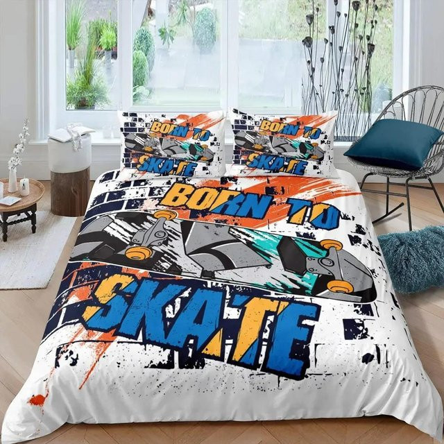 Skateboard Bettwäscheset mit Graffiti-Kunst für Jungen und Teenager, 2-teiliges Mikrofaser-Bettwäscheset aus Polyester, Mehrfarbig, Breite: 70 cm, Länge: 133 cm - Bild 1