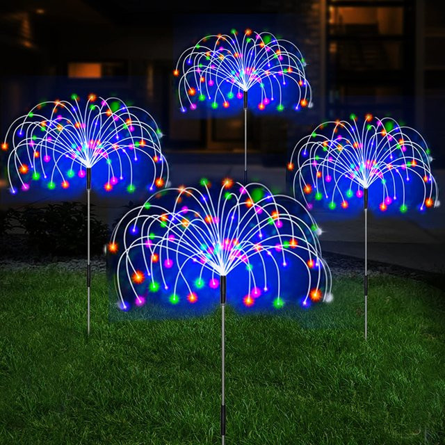 4er-Pack GHUSTAR Solar-Gartenleuchten mit 200 LED, mehrfarbige Feuerwerks-Dekorationsleuchten für Garten und Terrasse, Schwarz/Multicolour - Bild 1