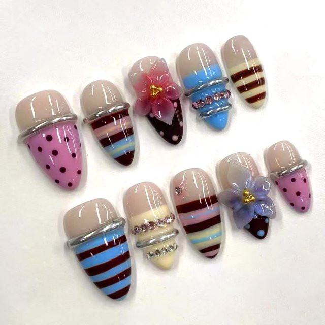 Qsezeny Press-on-Nägel, Mandelform, bunt, Polka-Dot und Blumenmuster, 24 Stück - Bild 1