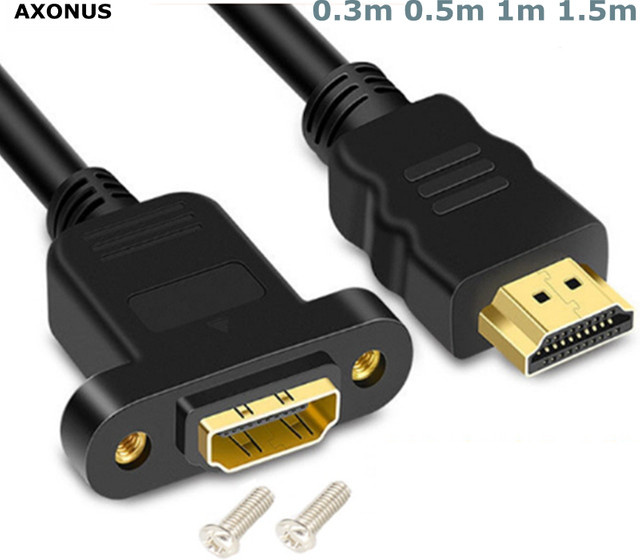 AXONUS HDMI Verlängerungskabel mit Panel Mount Schraube, vergoldet, Schwarz, Länge: 50 cm - Bild 1