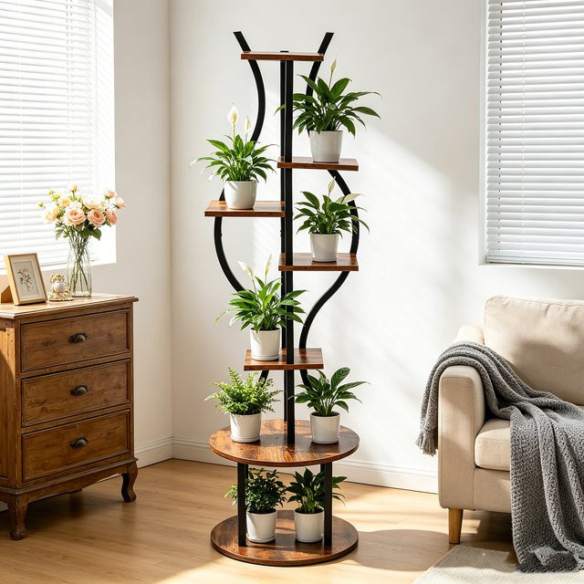 HiMISS 7-stufiges Eck-Pflanzenregal aus Metall in Matt, moderner Blumenständer für Wohnzimmer, Balkon und Terrasse, Höhe: 145 cm - Bild 1