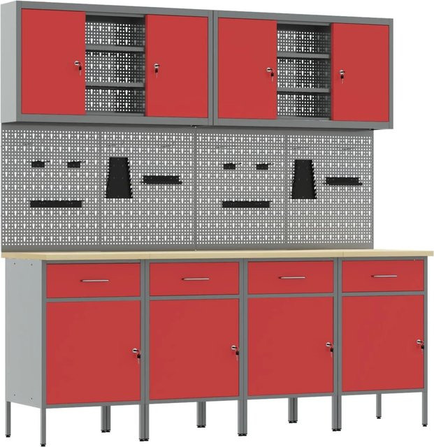 vidaXL Werkbank mit Schubladen und Pegboard aus Holz und Stahl, Rot, 10-teilig - Bild 1