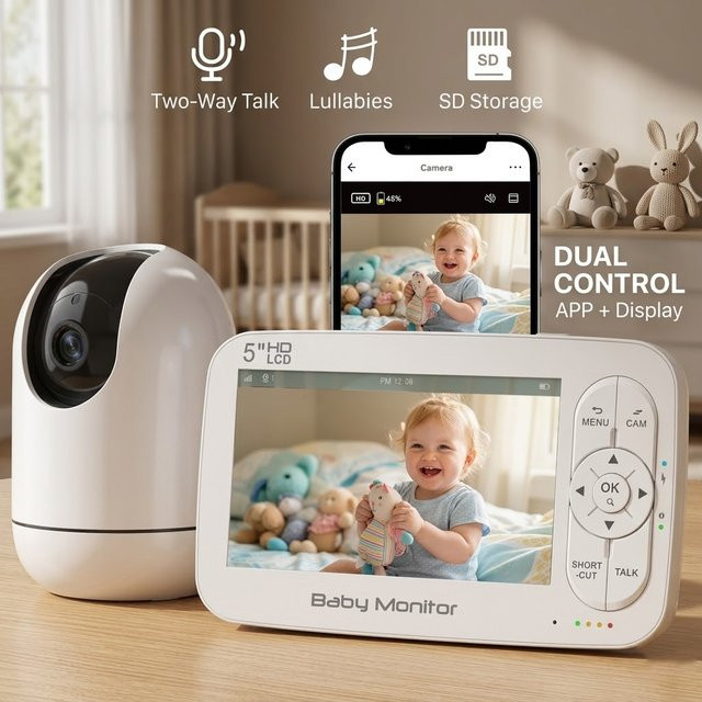 Aurovue HD-Video-Babyphone-Set mit 5-Zoll-Bildschirm, Tuya Smart App Steuerung, Zwei-Wege-Audio, Infrarot-Nachtsicht und Temperaturüberwachung, Weiß - Bild 1