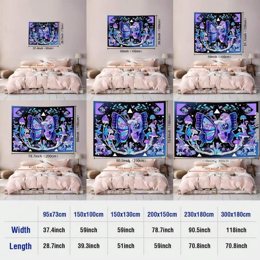 VIKAMA Psychedelischer Wandteppich mit Schmetterling, Totenkopf und Neon-Pilzen in Multicolour, Wandbehang für Schlafzimmer und Gaming-Raum, B/H: 60 x 40 cm - Bild 3