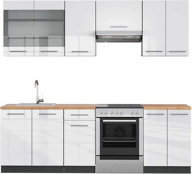 Vicco Fame-Line Küchenzeile Weiß Hochglanz und Anthrazit mit Eiche-Optik, B/T/H: 240 x 60 x 82 cm - Bild 1