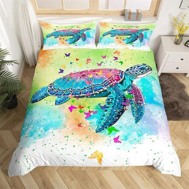 Bettwäsche Set Binchi Fitness Meeresschildkröten Design in Türkis mit Duvetbezug und Kissenbezug, Mediterraner Ozean Stil, B/H: 135 x 200 cm - Bild 1